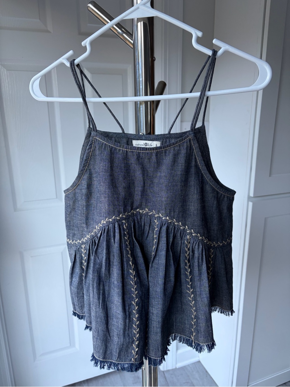 Natural Life Embroidered Chambray Top, Size S.